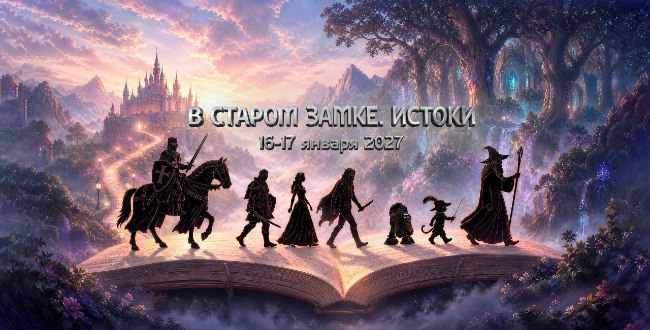 Афиша «Истоки»: герои идут по раскрытой книге к волшебному замку. 16–17 января 2027 года.